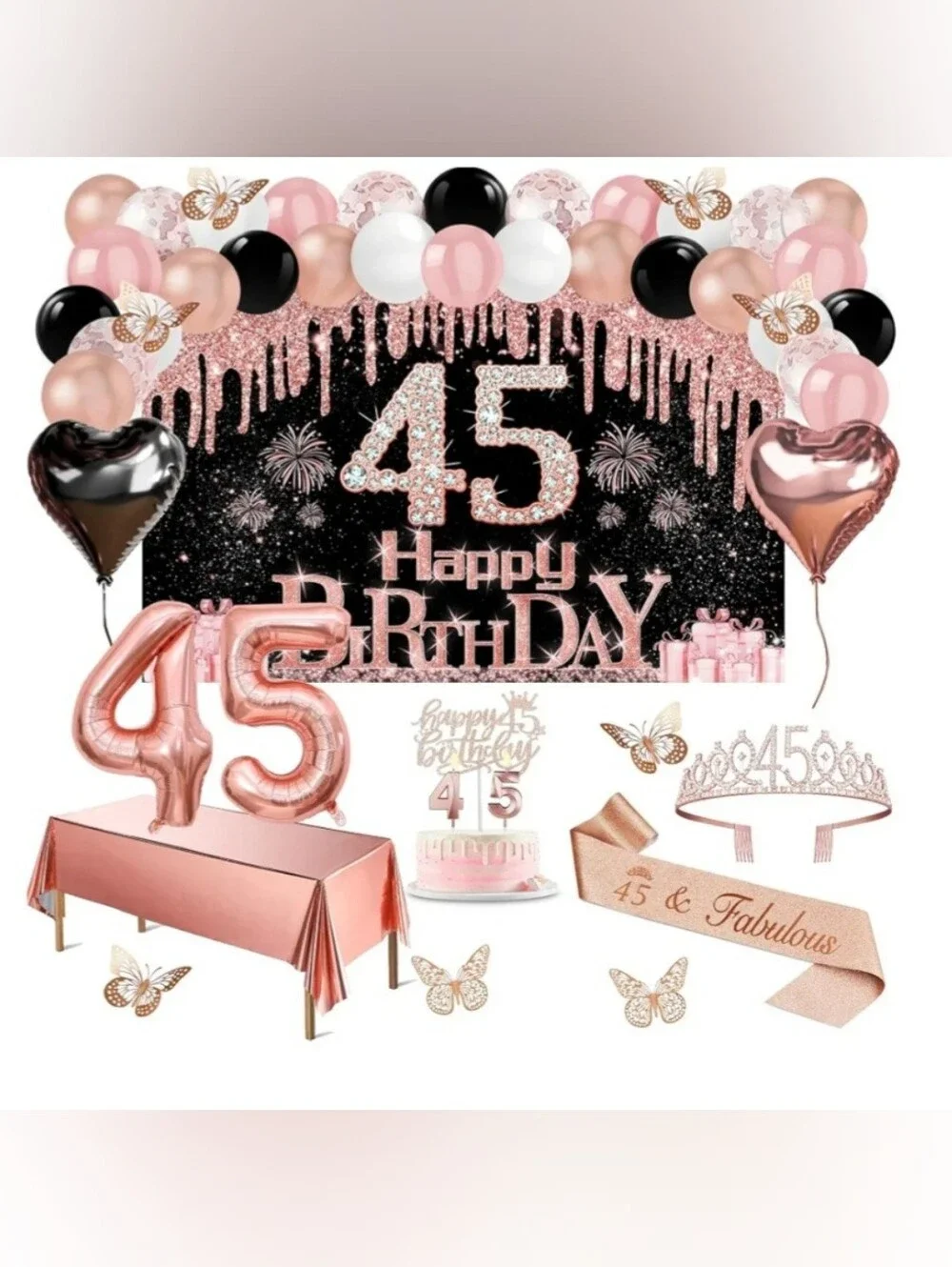 Source Unknown Rose Gold, Black & White 45th Birthday Backdrop and Balloon Kit